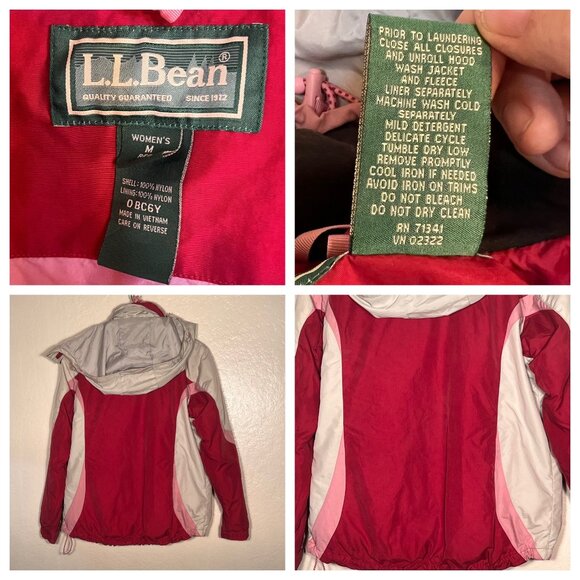 L.L.Bean M Red Pink Hooded Nylon Jacket Detachable Fleece Liner Water-Resistant - Picture 9 of 16